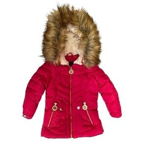 𝅺DKNY Faux Fur Hoodie Pink Puffer Jacket Size 2T